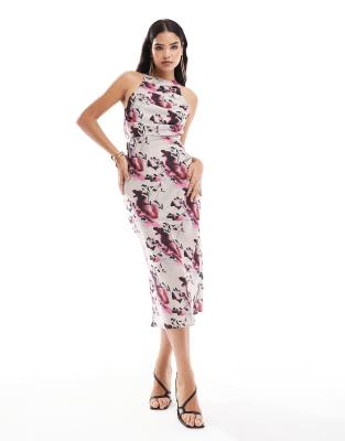 ASOS DESIGN satin drape bodice midi dress in floral print | ASOS