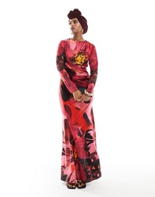 ASOS DESIGN satin drape detail maxi dress in pink large floral print