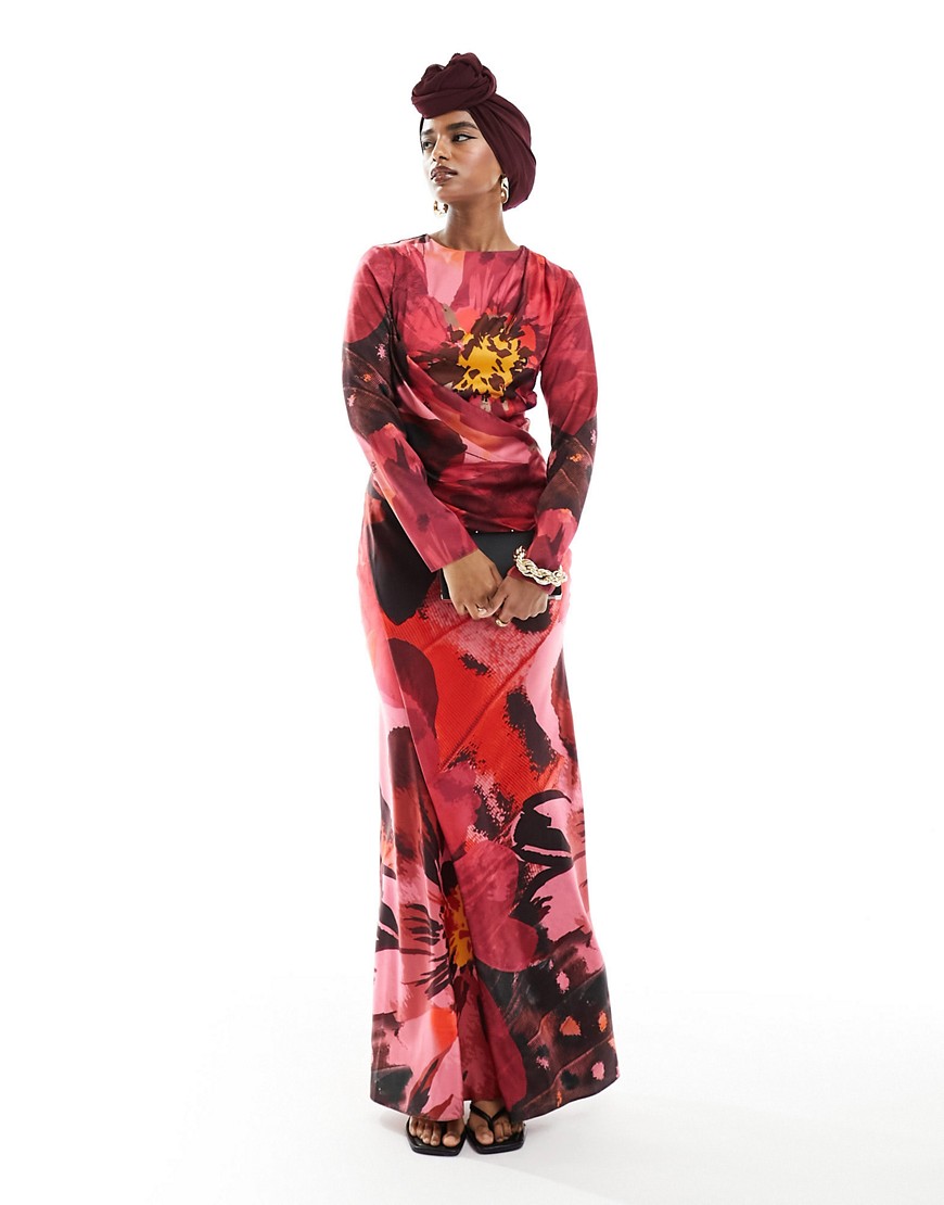 ASOS DESIGN satin drape detail maxi dress in pink large floral print-Multi
