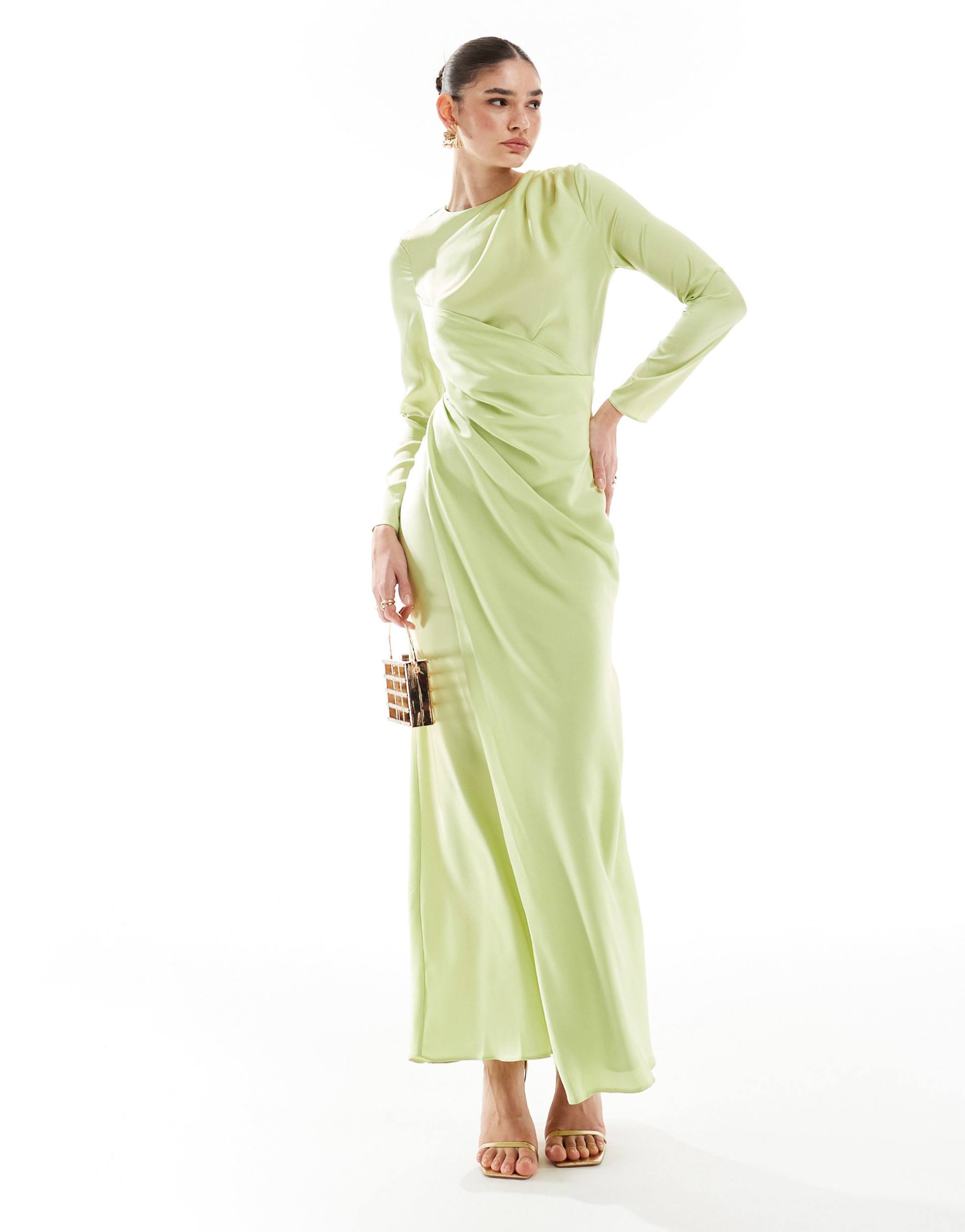 asos design satin drape detail maxi dress in washed lime