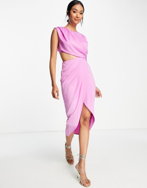 ASOS DESIGN satin drape detail midi dress with cut out detail in pink ASOS