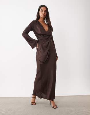 Asos Design Satin Drape Front Long Sleeve Maxi Dress-brown