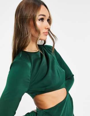 ASOS DESIGN Satin drape front midi dress with side cut out waist detail in  dark green