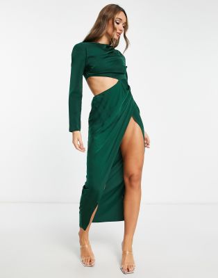 ASOS DESIGN Satin drape front midi dress with side cut out waist detail in  dark green