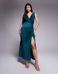 [ASOS DESIGN] ASOS DESIGN satin drape front split detail maxi dress in deep teal-Blue 6 Teal