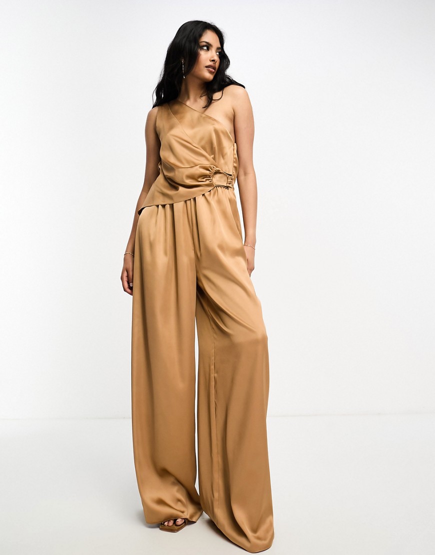 ASOS DESIGN satin drape jumpsuit with gold hardware in camel-Neutral