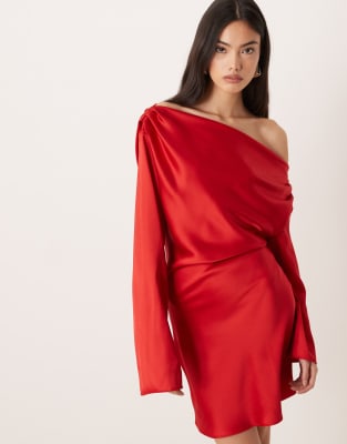 ASOS DESIGN ASOS DESIGN satin drape long sleeve off shoulder mini dress in red