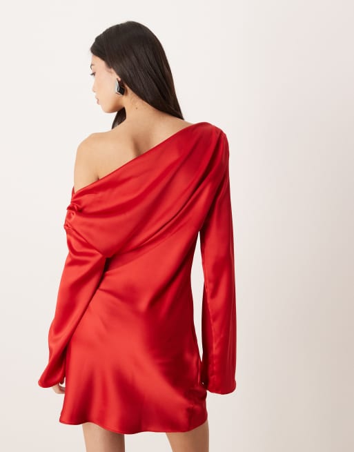 ASOS DESIGN satin drape long sleeve off shoulder mini dress in red