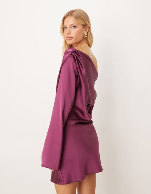 ASOS DESIGN satin drape long sleeve off the shoulder mini dress in plum