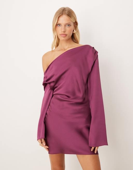 ASOS DESIGN satin drape long sleeve off the shoulder mini dress in plum