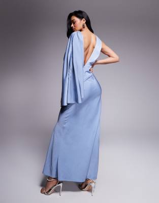Asos Design Satin Drape Maxi Dress With Asymmetric Exaggerated Sleeve In Blue