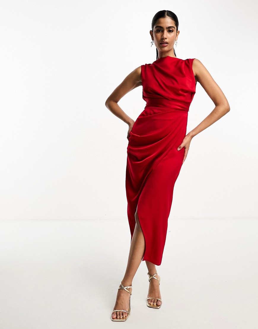 ASOS DESIGN satin drape midi dress with wrap skirt in red-Multi