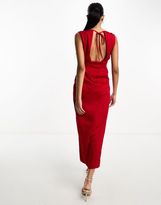 ASOS DESIGN satin drape midi dress with wrap skirt in red