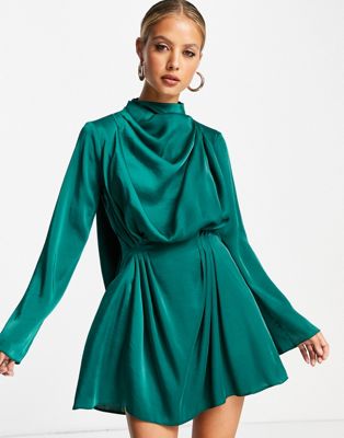 ASOS DESIGN satin drape neck mini dress with pleat detail and open back in forest green