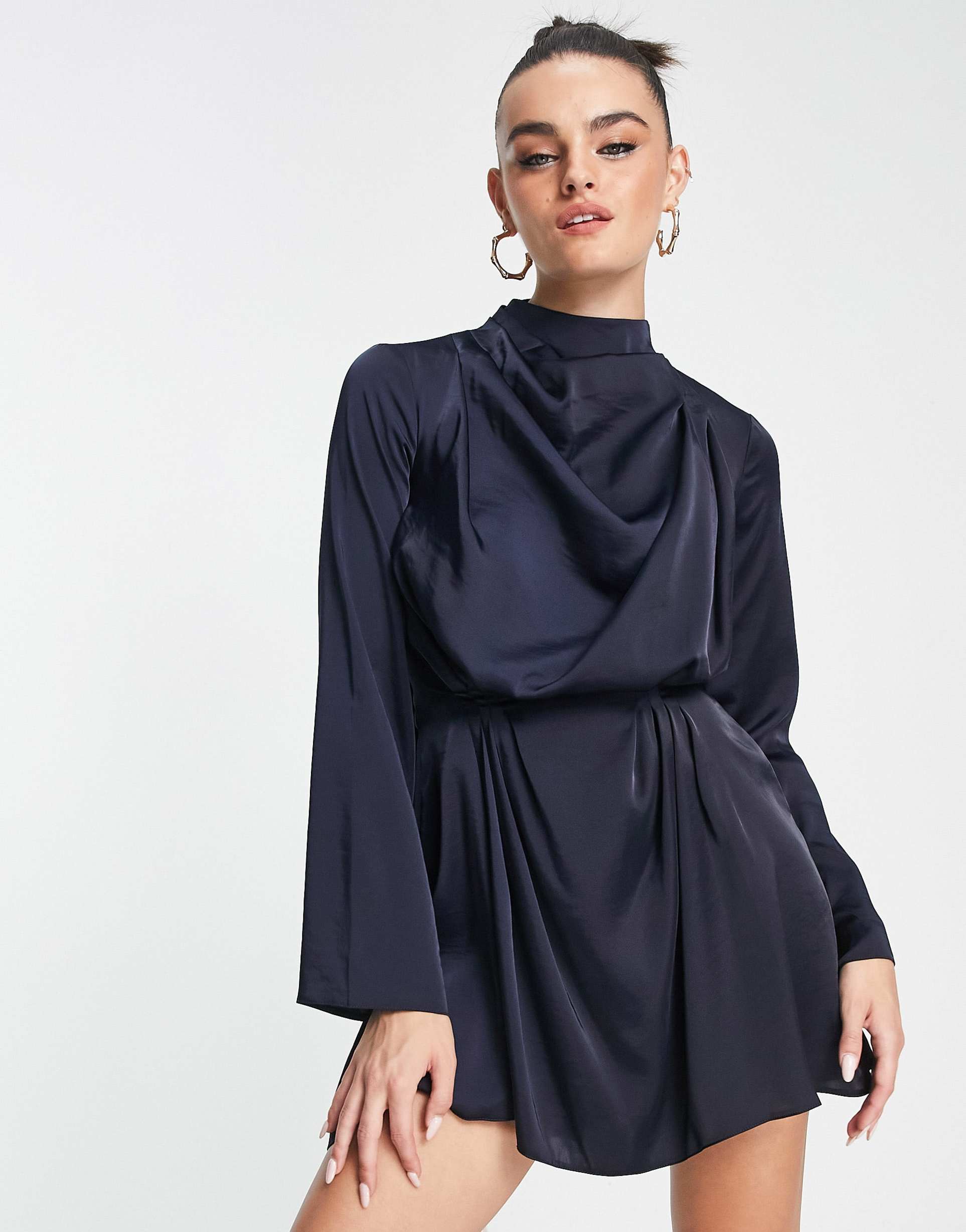 asos design satin drape neck mini dress with pleat detail and open back in navy