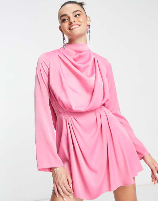 ASOS DESIGN satin drape neck mini dress with pleat detail and open back in  pink