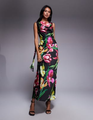 Asos Design Satin Drape Neckline Midi Dress With Long Tie Back Detail And Slit In Black