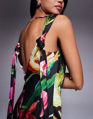 Asos Design Satin Drape Neckline Midi Dress With Long Tie Back Detail And Slit In Black