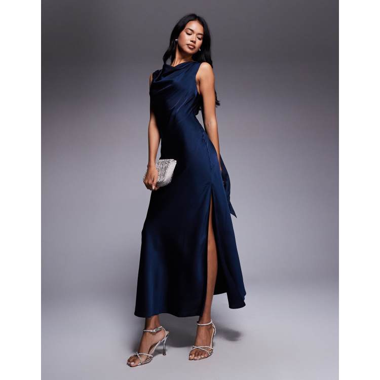 ASOS DESIGN satin drape neckline midi dress with long tie back detail and  slit in navy | ASOS