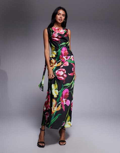 ASOS DESIGN satin drape neckline midi dress with long tie back detail and split in black based floral print - view 1