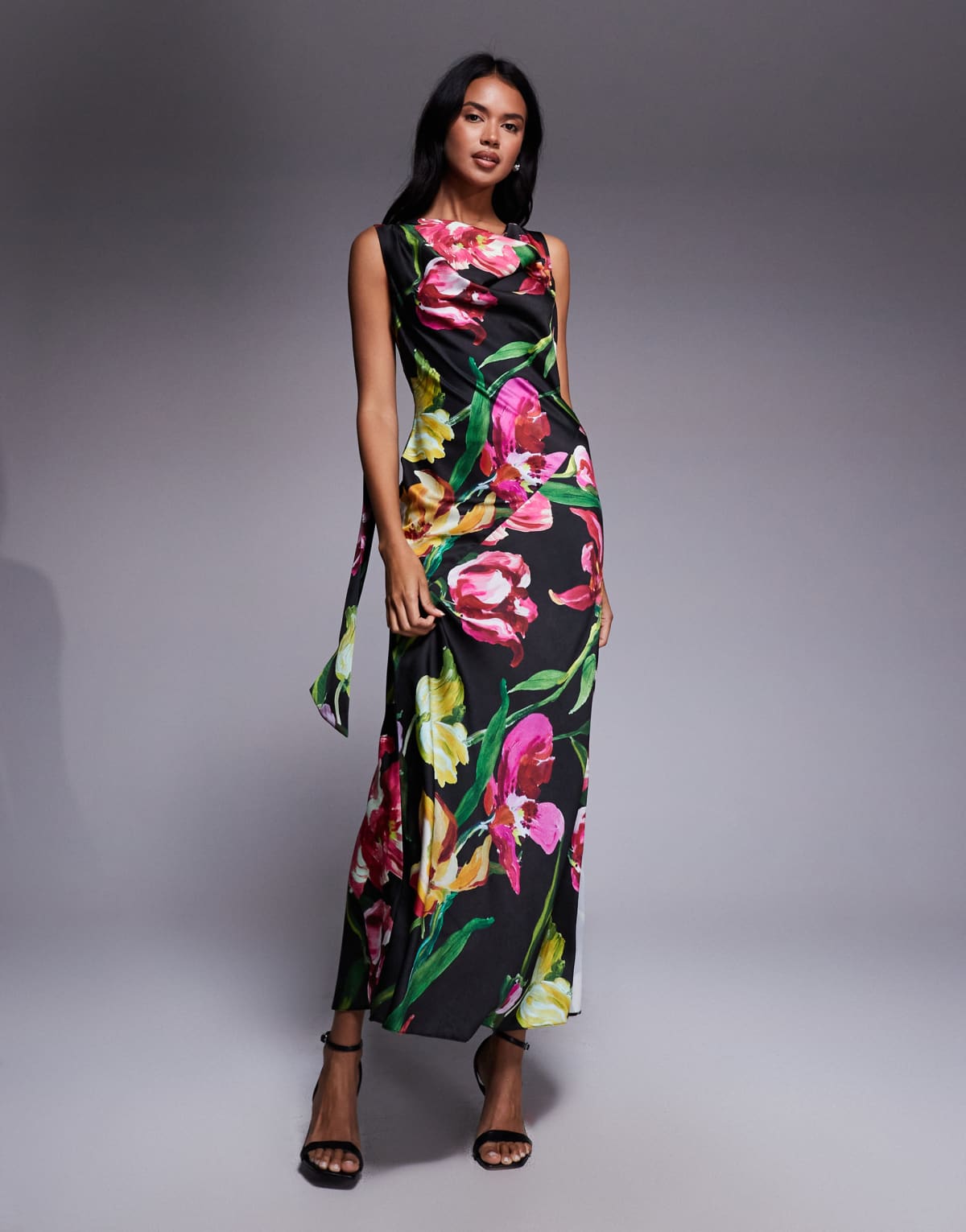ASOS DESIGN satin drape neckline midi dress with long tie back detail and split in black based floral print