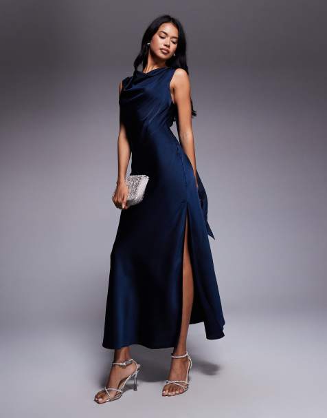 ASOS DESIGN satin drape neckline midi dress with long tie back detail and split in navy - view 1