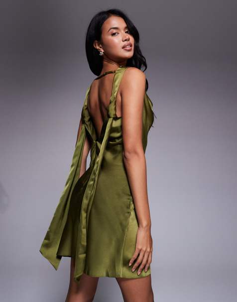 ASOS DESIGN satin drape neckline mini dress with long tie back detail and split in olive green - view 1