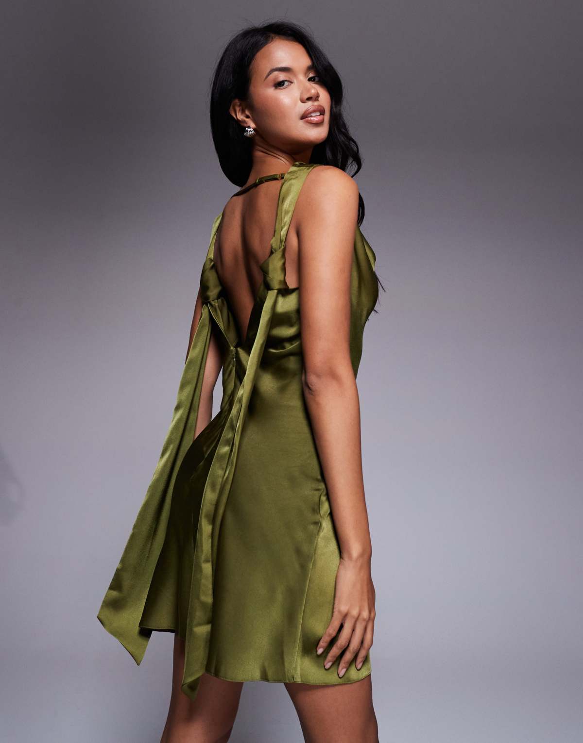 ASOS DESIGN satin drape neckline mini dress with long tie back detail and split in olive green