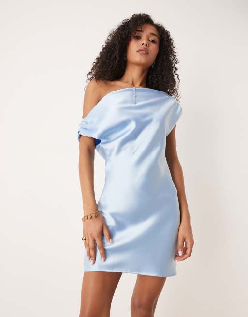 ASOS DESIGN satin drape off-shoulder mini dress in light blue