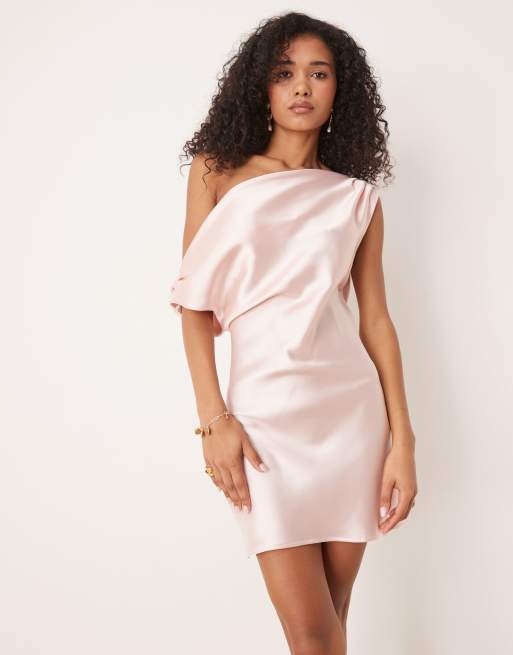 ASOS DESIGN satin drape off-shoulder mini dress in light pink