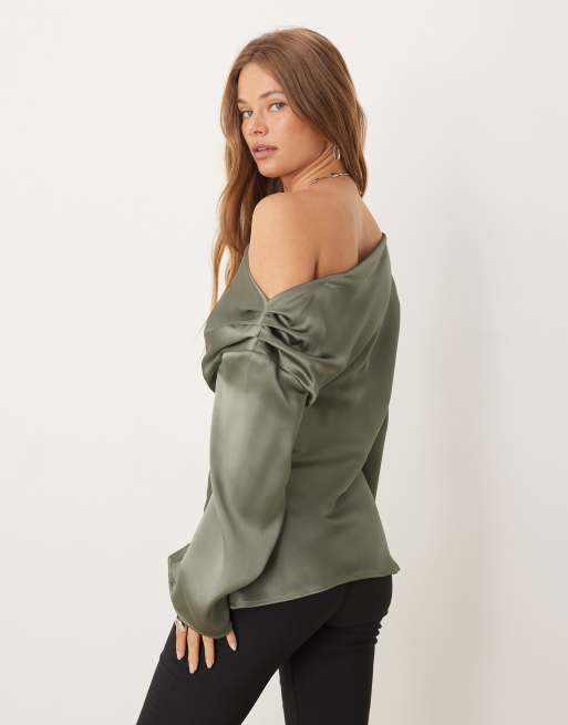 ASOS DESIGN satin drape off shoulder top in khaki, 2 of 4