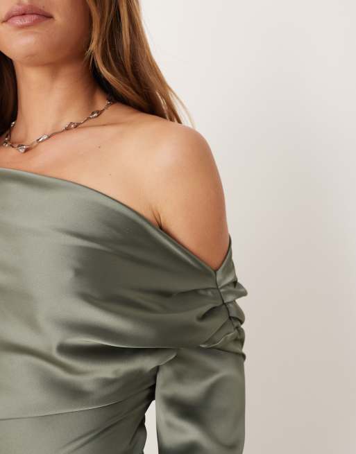 ASOS DESIGN satin drape off shoulder top in khaki, 3 of 4