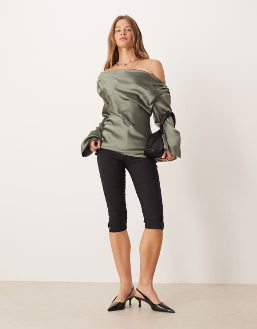 ASOS DESIGN satin drape off the shoulder top in khaki green