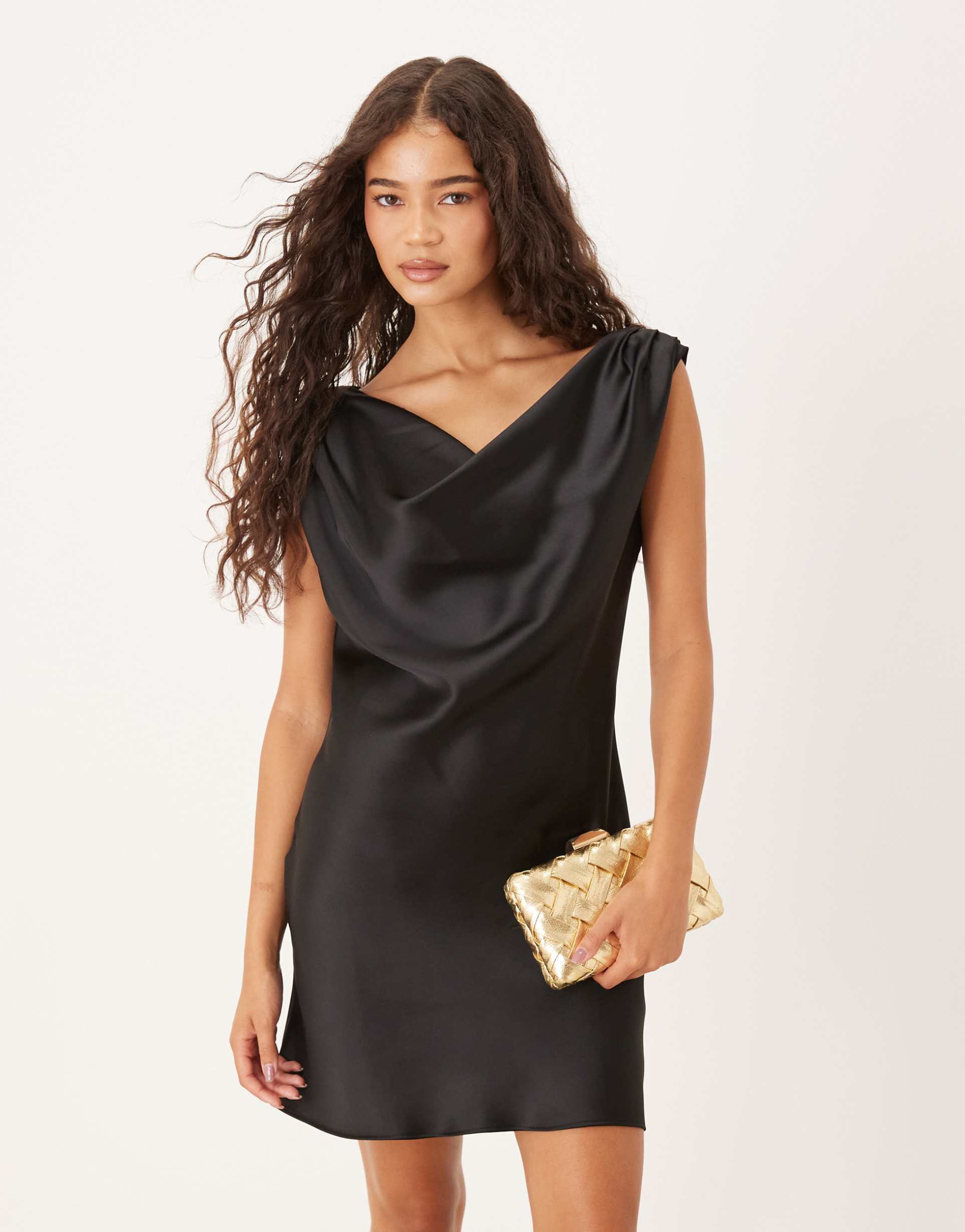 asos design satin drape one shoulder mini dress in black