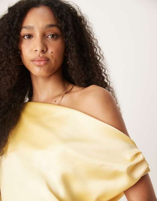 ASOS DESIGN satin drape one shoulder mini dress in buttermilk
