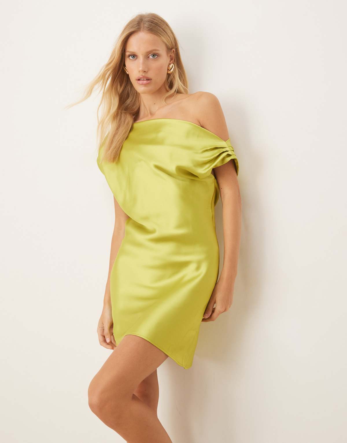 ASOS DESIGN satin drape one shoulder mini dress in green