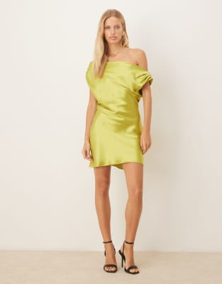 Asos Design Satin Drape One Shoulder Mini Dress In Green