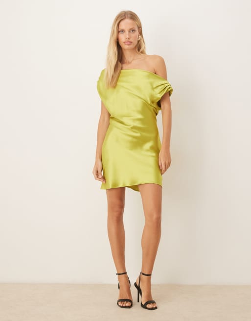 ASOS DESIGN satin drape one shoulder mini dress in green | ASOS