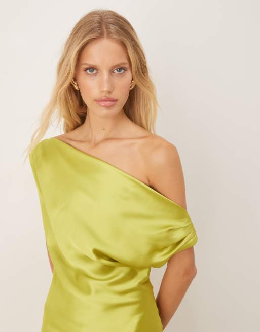 ASOS DESIGN satin drape one shoulder mini dress in green | ASOS