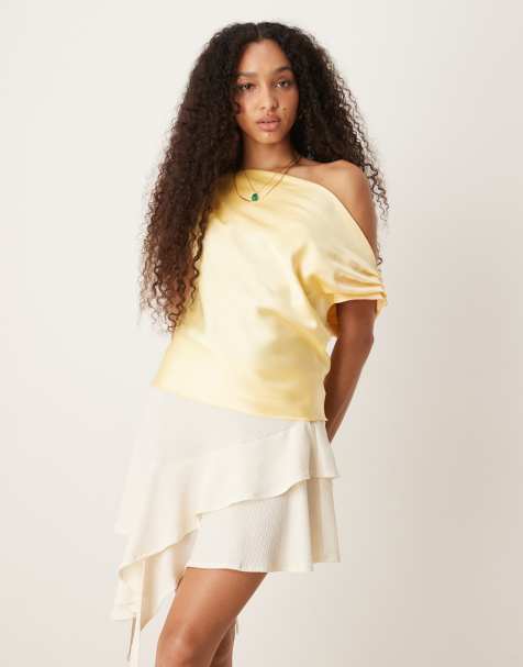 ASOS DESIGN satin drape one shoulder top in buttermilk - view 1
