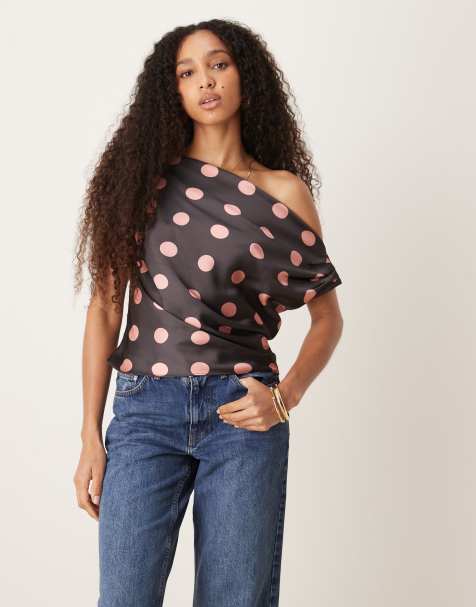 ASOS DESIGN satin drape one shoulder top in polka dot - view 1