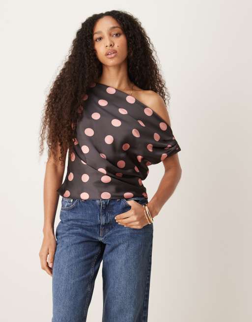 ASOS DESIGN satin drape one shoulder top in polka dot