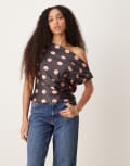 [ASOS DESIGN] ASOS DESIGN satin drape one shoulder top in polka dot-Multi 14 Polka Dot