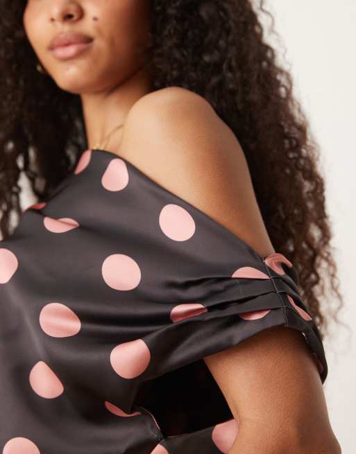 ASOS DESIGN satin drape one shoulder top in polka dot