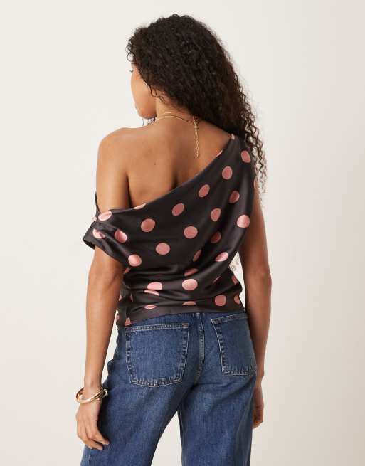 ASOS DESIGN satin drape one shoulder top in polka dot
