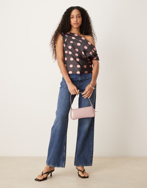 ASOS DESIGN satin drape one shoulder top in polka dot