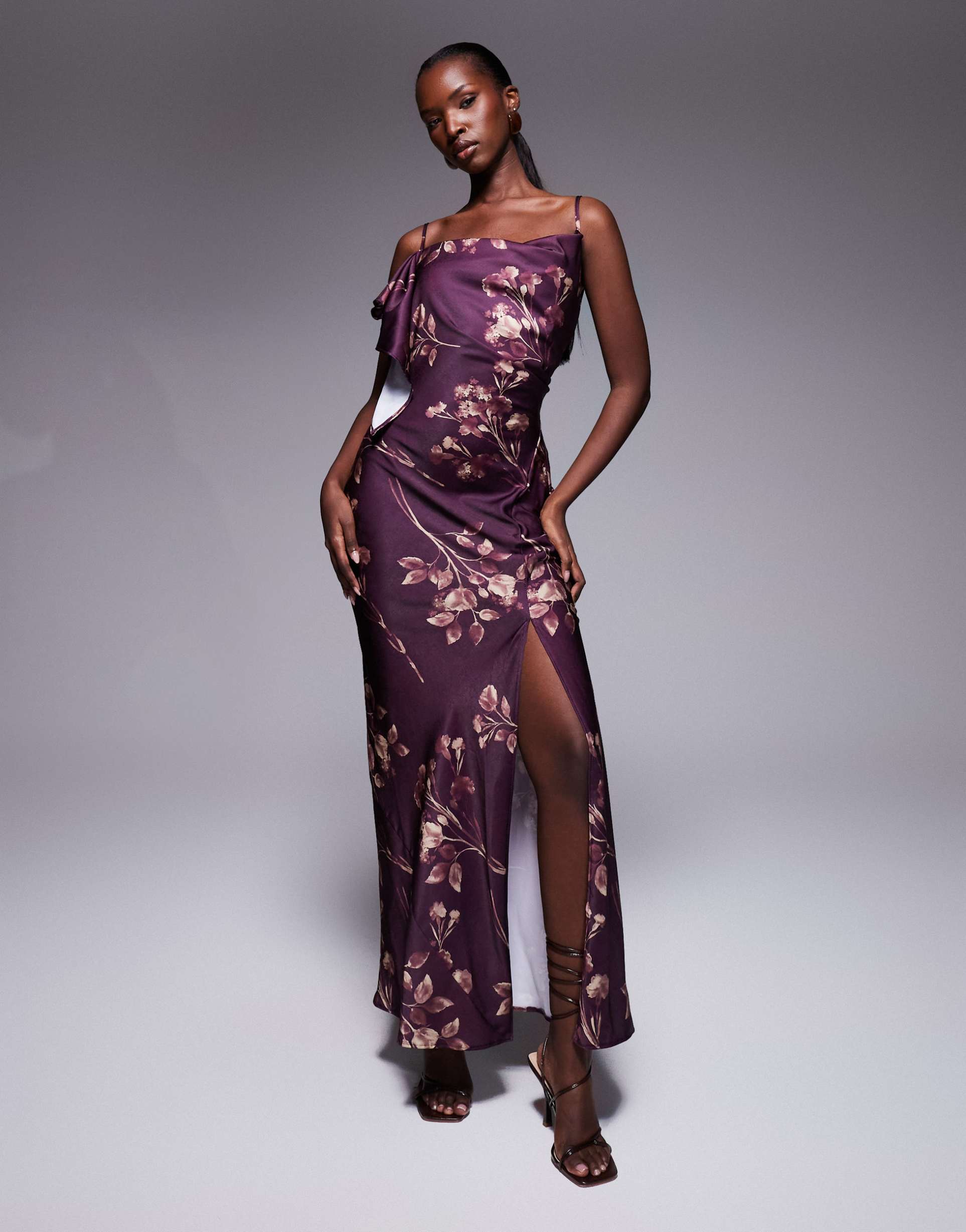 asos design satin drape ruffle detail midi dress with asymmetric back in burgundy floral print