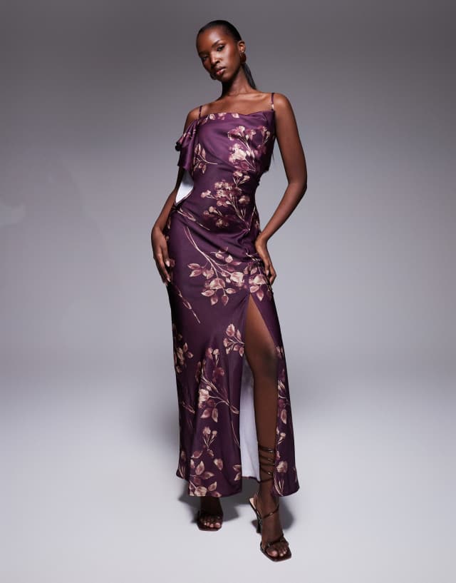 ASOS Design satin drape ruffle detail midi dress with asymmetric back in burgundy floral print-Multi
