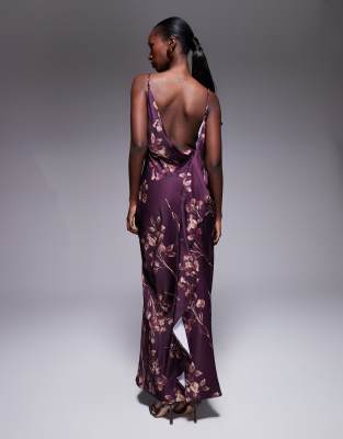 Asos Design Satin Drape Ruffle Detail Midi Dress With Asymmetric Back In Purple
