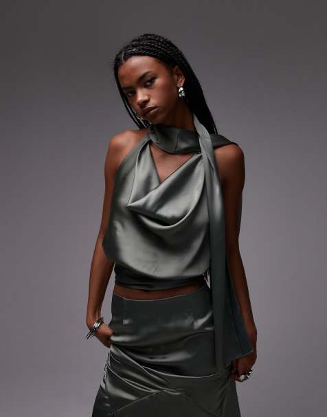 ASOS DESIGN satin drape scarf top in khaki co ord - view 1